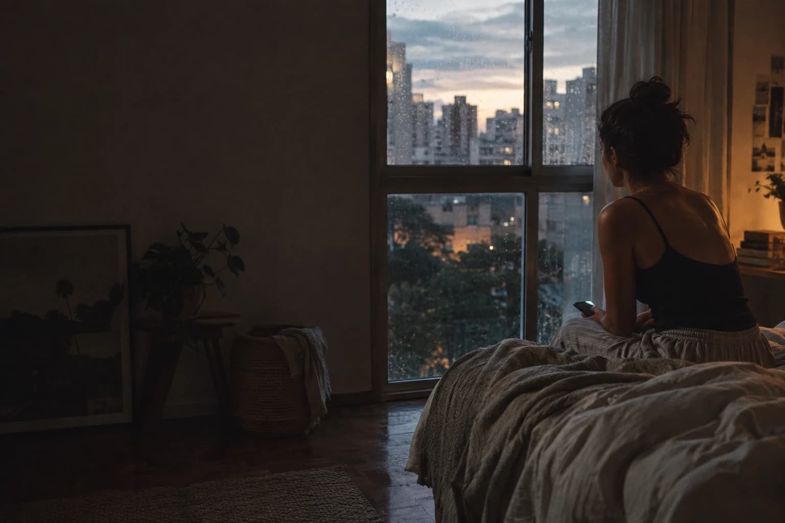 Uma mulher sentada à beira da cama olha a cidade pela janela, com o celular na mão.